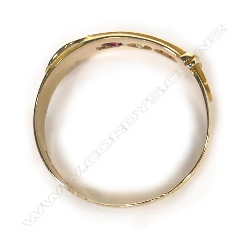 A vintage 18ct yellow gold, ruby & diamond buckle ring, Image 1++