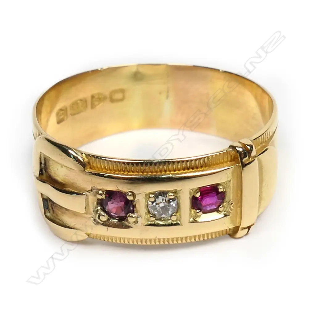 A vintage 18ct yellow gold, ruby & diamond buckle ring, Image 1++