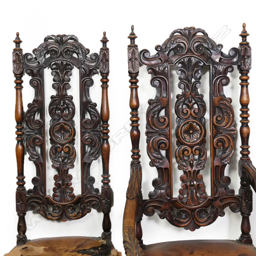 An uncommon and impressive set of eight 19thC Charles II style dining chairs, Image 1++