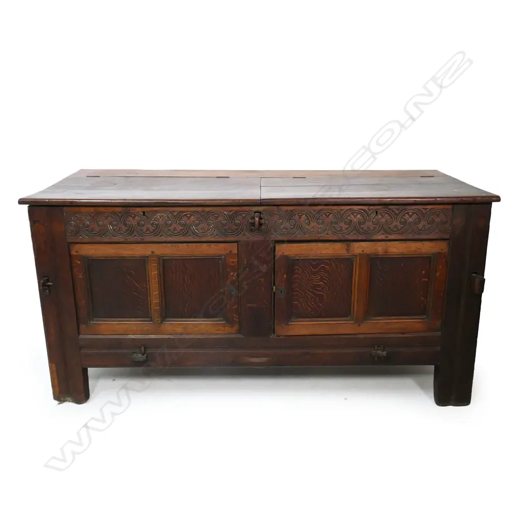 LG 18TH/19THC CARVED MULE CHEST, W FRONT CARVED FRIEZE, 1880 x 805x 940mm Image 1++