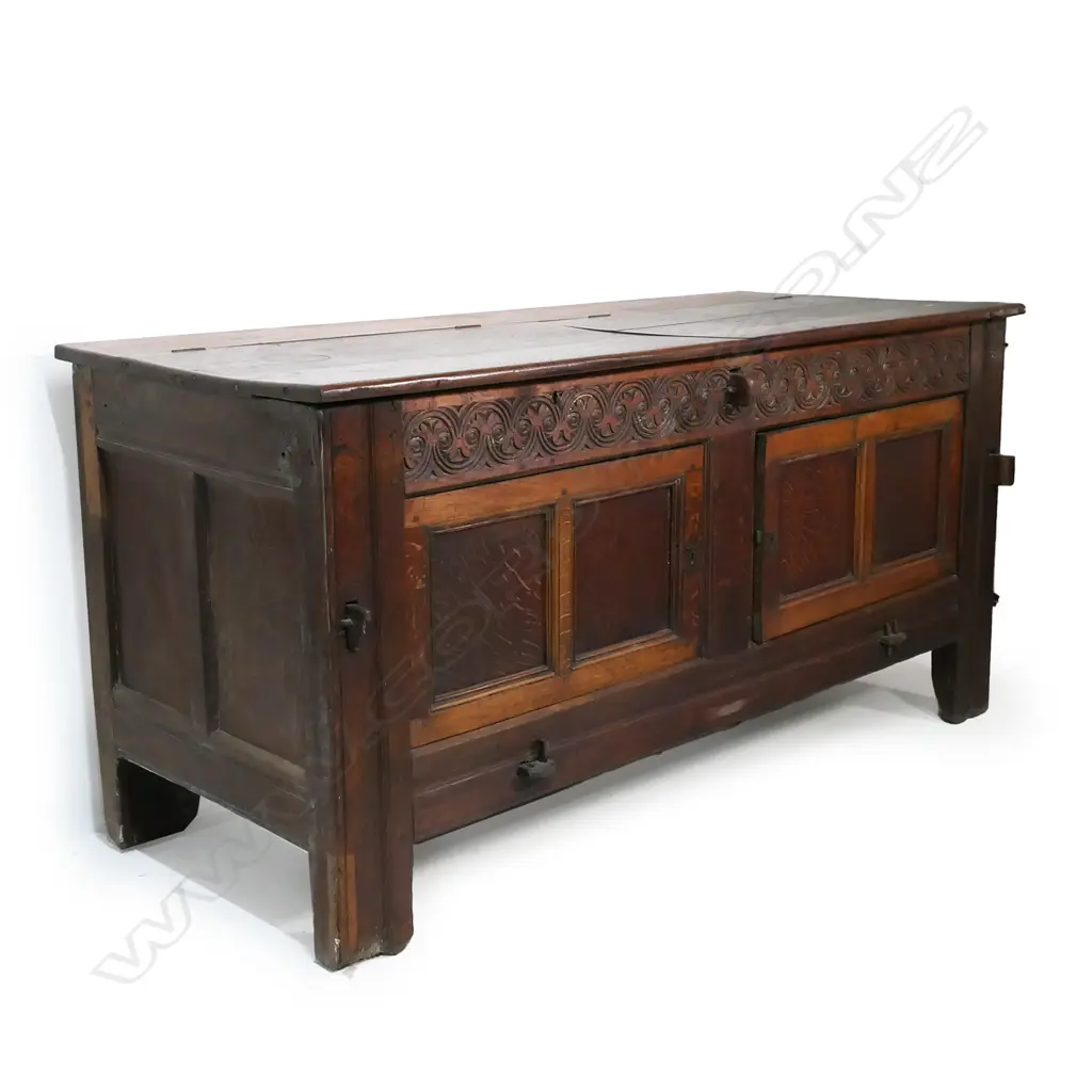 LG 18TH/19THC CARVED MULE CHEST, W FRONT CARVED FRIEZE, 1880 x 805x 940mm Image 1++
