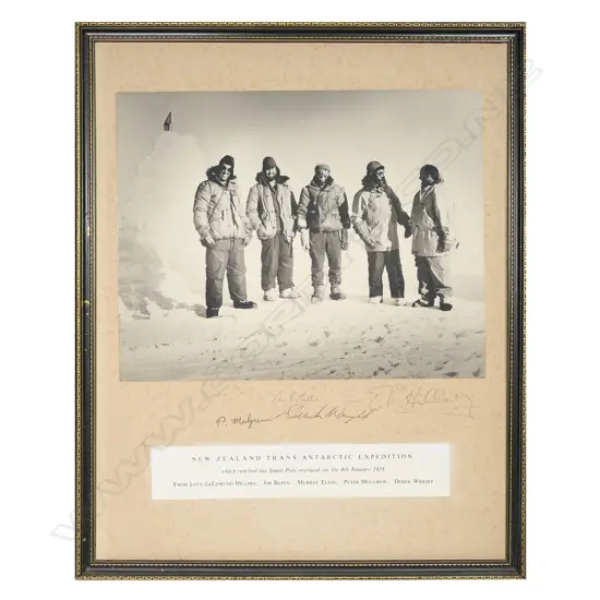 A vintage black and white photo of the 'New Zealand Trans Antarctic Expedition' personally signed photo,