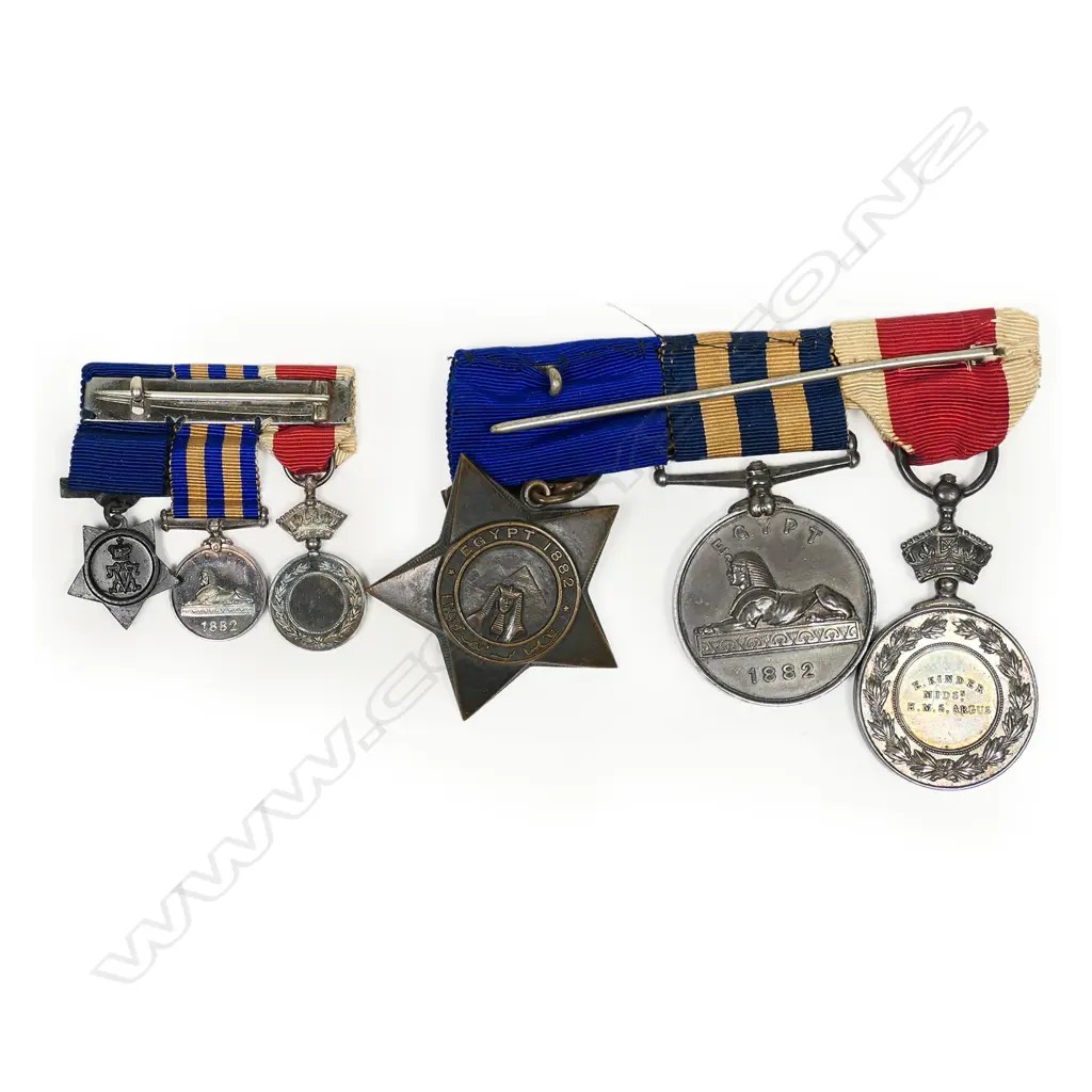 Victorian Naval Medals trio: Abyssinia Medal, Egypt Medal and Khedive Star 1882, along with miniatures of the same. Image 1++