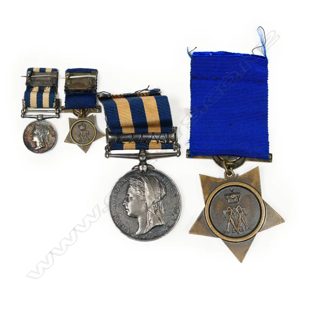 Victorian Naval Medals trio: Abyssinia Medal, Egypt Medal and Khedive Star 1882, along with miniatures of the same. Image 1++