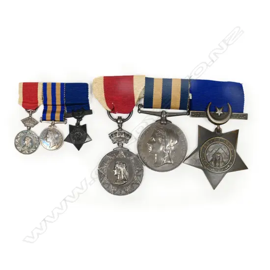 Victorian Naval Medals trio: Abyssinia Medal, Egypt Medal and Khedive Star 1882, along with miniatures of the same.