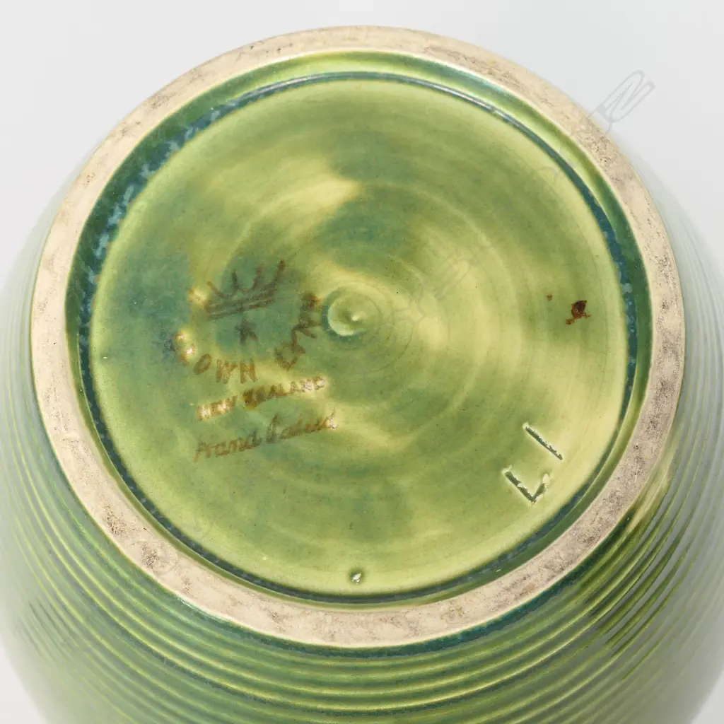 Crown Lynn Daniel Steenstra green/yellow glazed hand potted vase, Image 1++