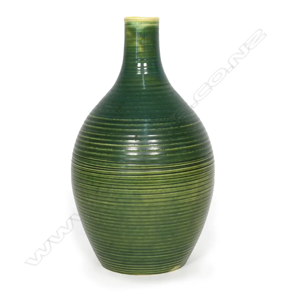 Crown Lynn Daniel Steenstra green/yellow glazed hand potted vase, Image 1++