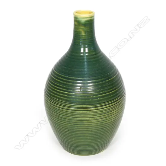 Crown Lynn Daniel Steenstra green/yellow glazed hand potted vase,