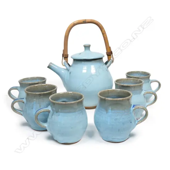 A Peter Stichbury pale blue glaze tea set,