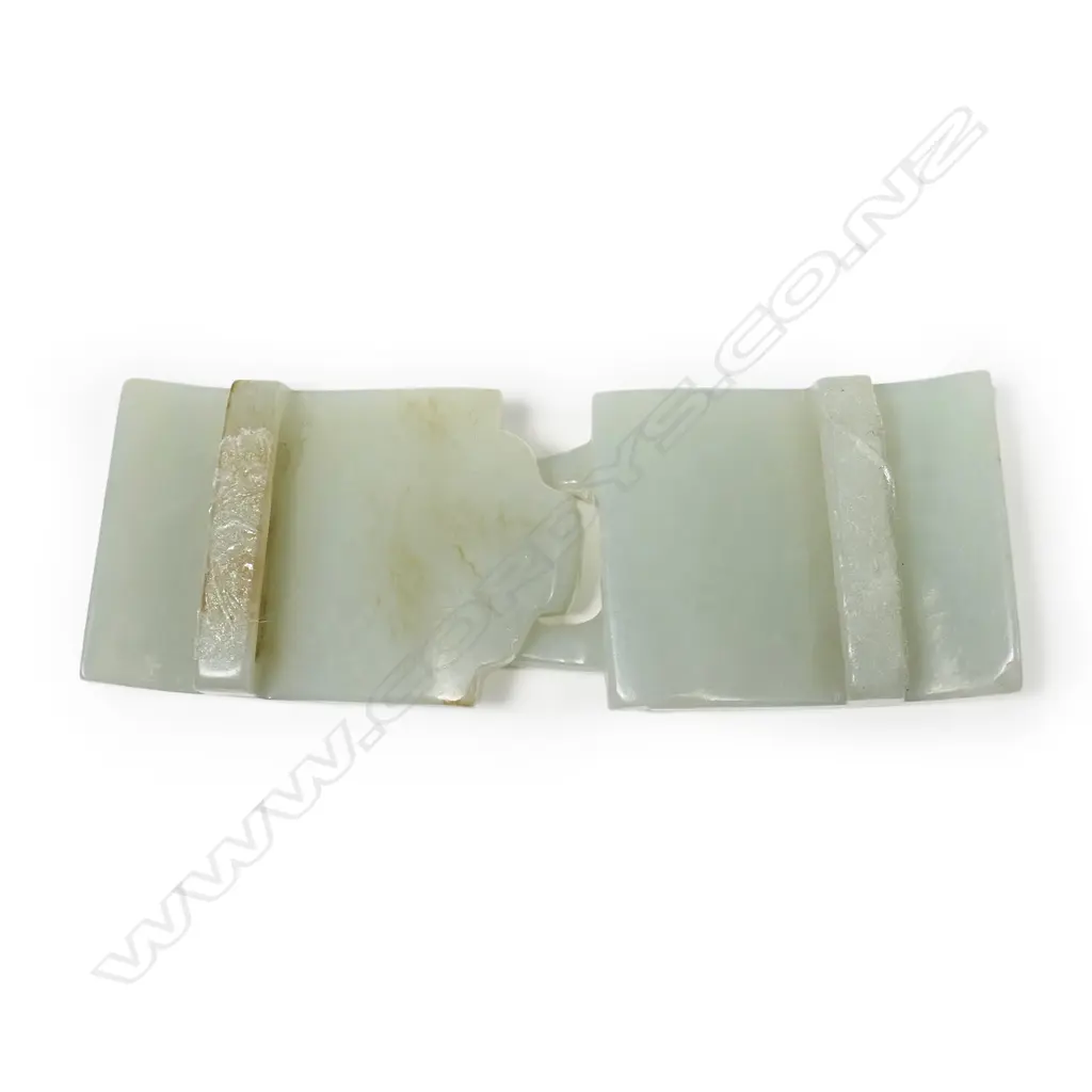 A Chinese pale green jade two section belt buckle, Image 1++