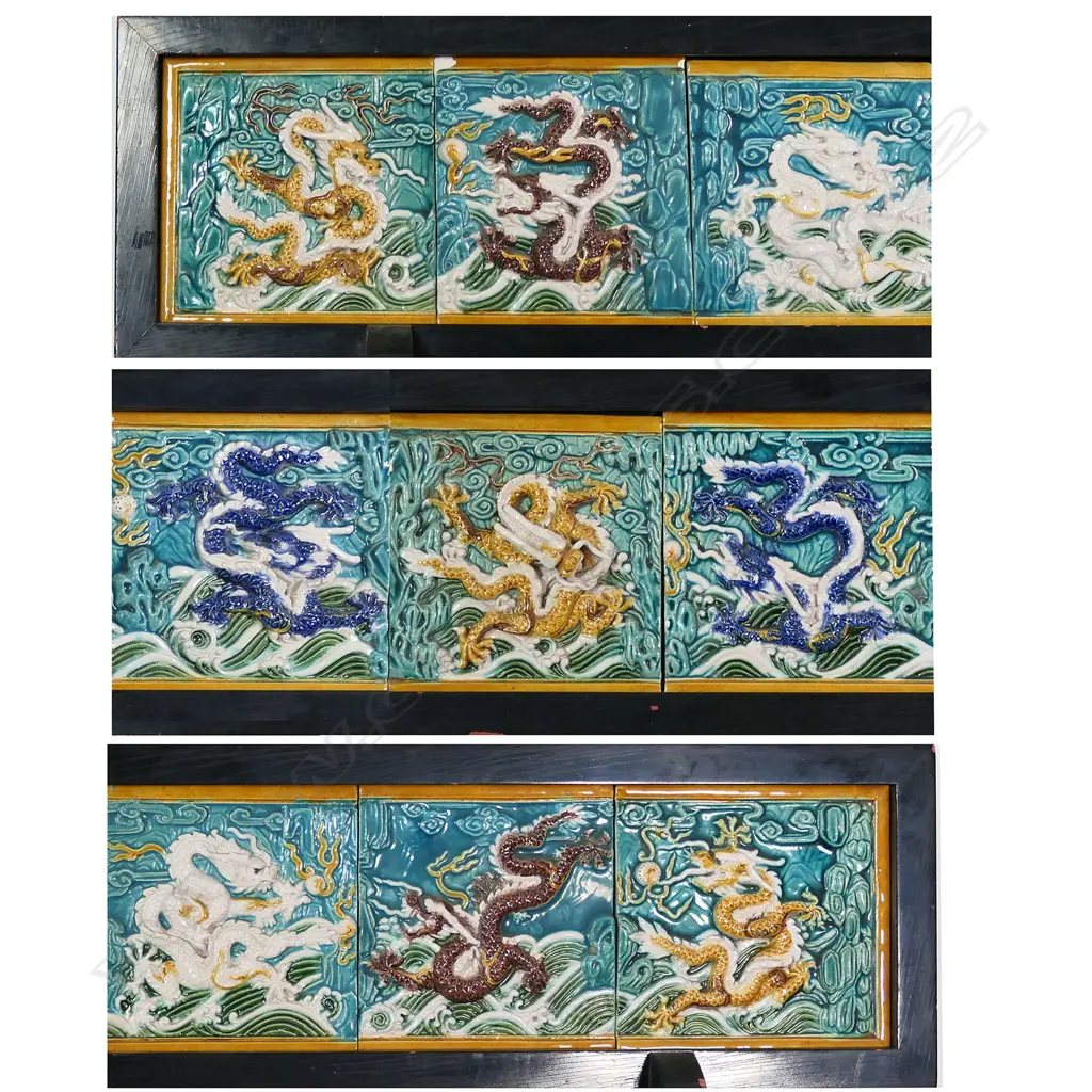 A set of nine Chinese porcelain tiles depicting Qing dragons, Image 1++
