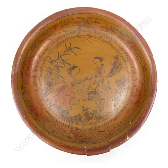 An old Chinese painted wooden dish,
