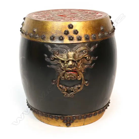 An old Chinese black lacquered lidded storage barrel,