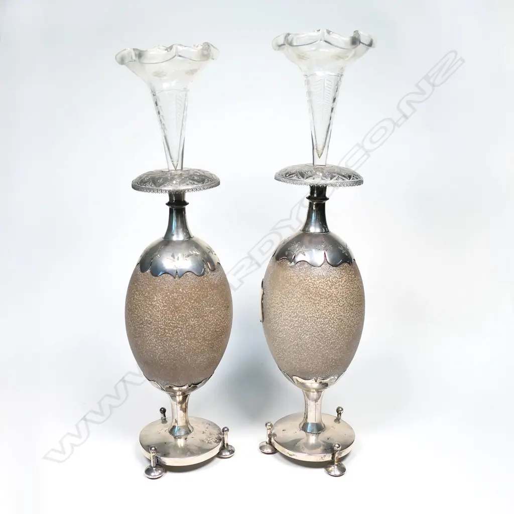 An impressive pair of 19thC colonial silver mounted emu egg epergnes Image 1++
