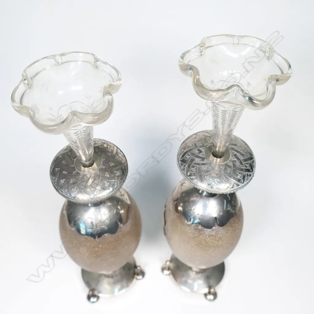 An impressive pair of 19thC colonial silver mounted emu egg epergnes Image 1++