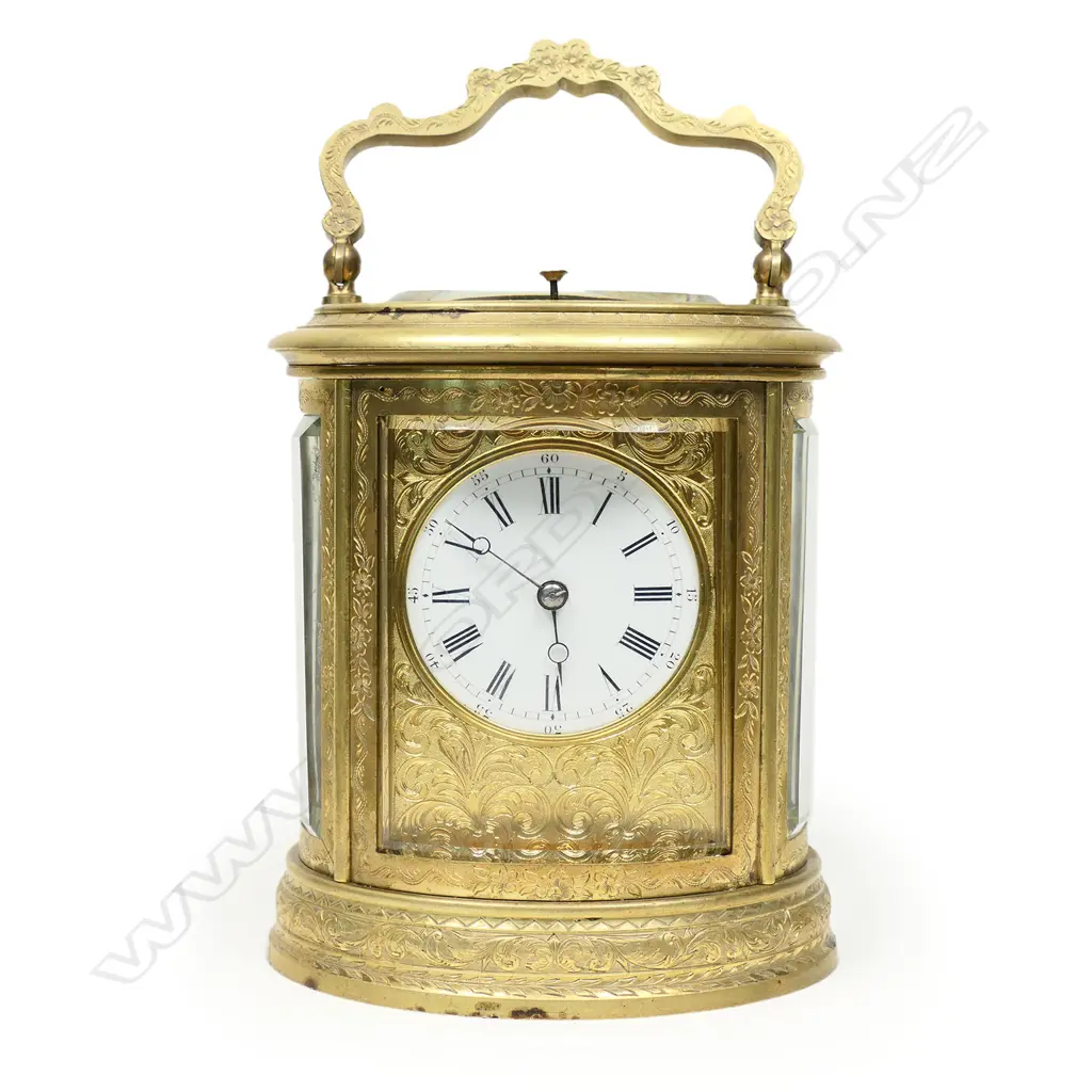 A fine, large 19thC brass oval cased carriage clock with strike and repeat mechanism, signed 'Just' and numbered '71189' to the silvered lever escapement platform, Image 1++