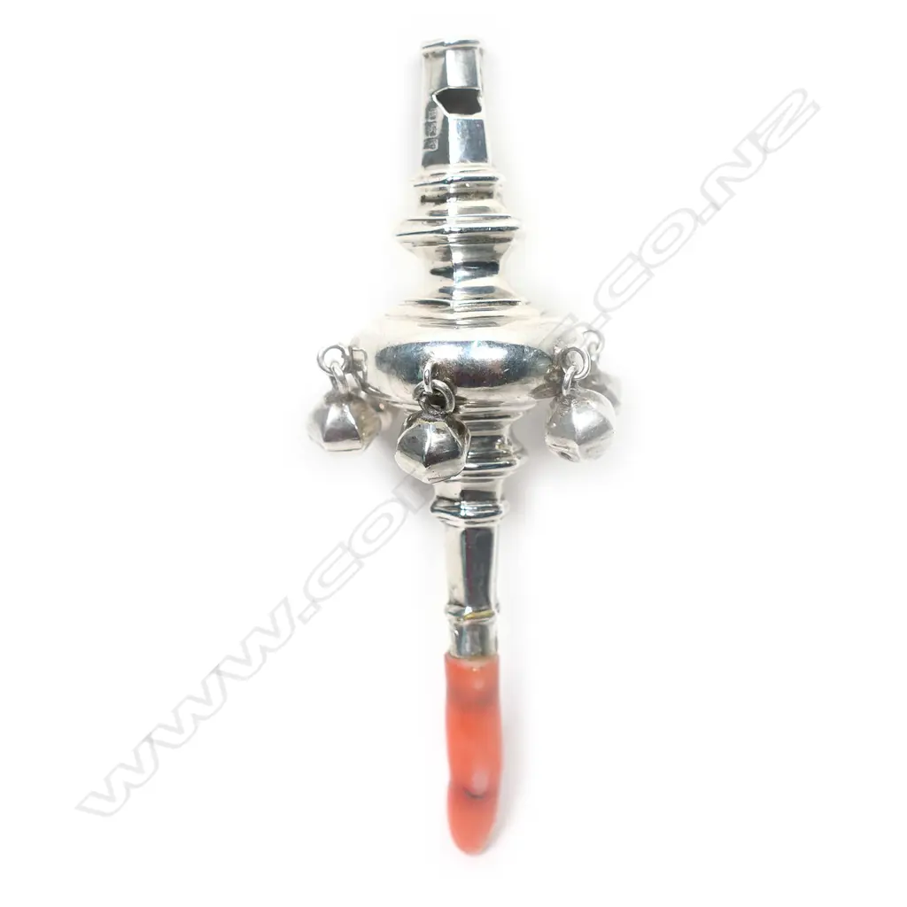 A silver and coral baby rattle, Image 1++