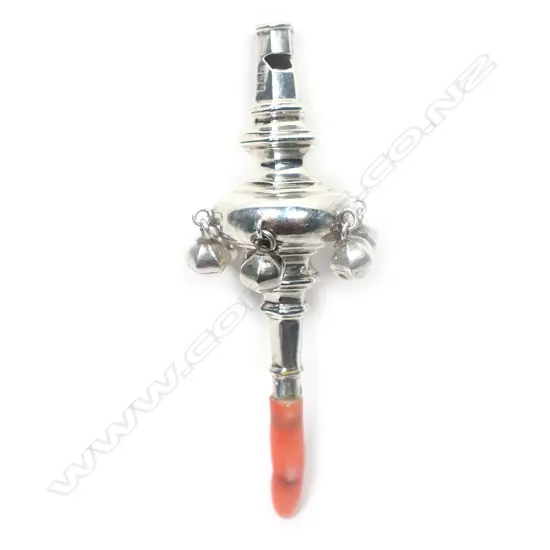 A silver and coral baby rattle,