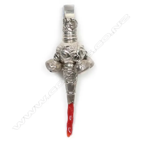 A silver baby rattle,
