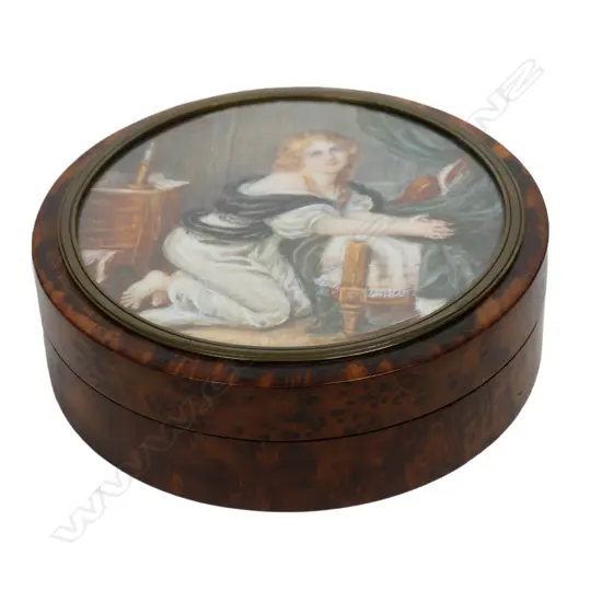 A 19thC burr timber box with hand painted ivory inset top