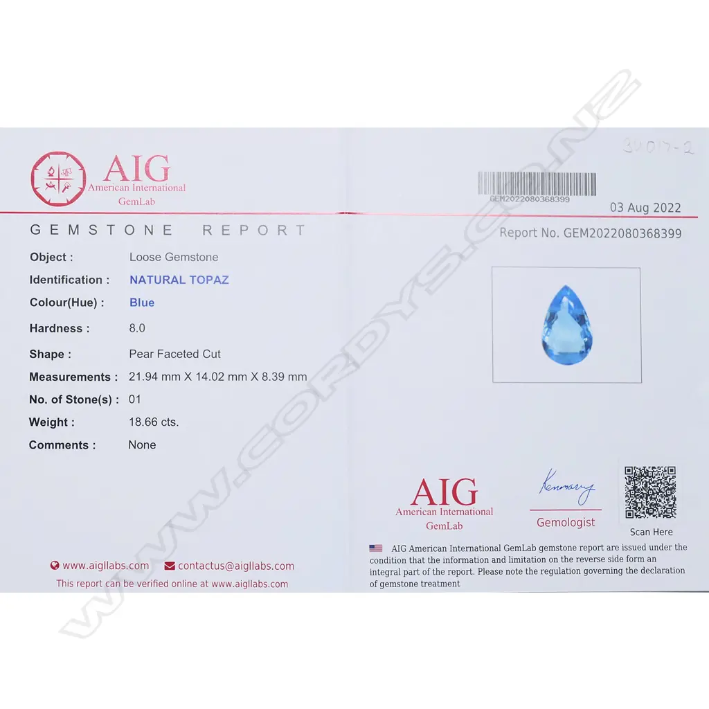 An 18.66ct blue topaz gemstone, Image 1++