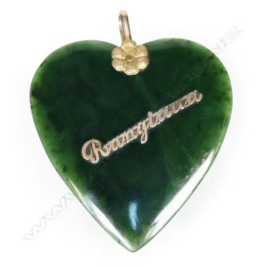 A large and impressive New Zealand colonial pounamu and 9ct gold heart pendant,