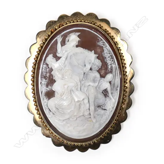 A Victorian 9ct gold framed allegorical cameo brooch,