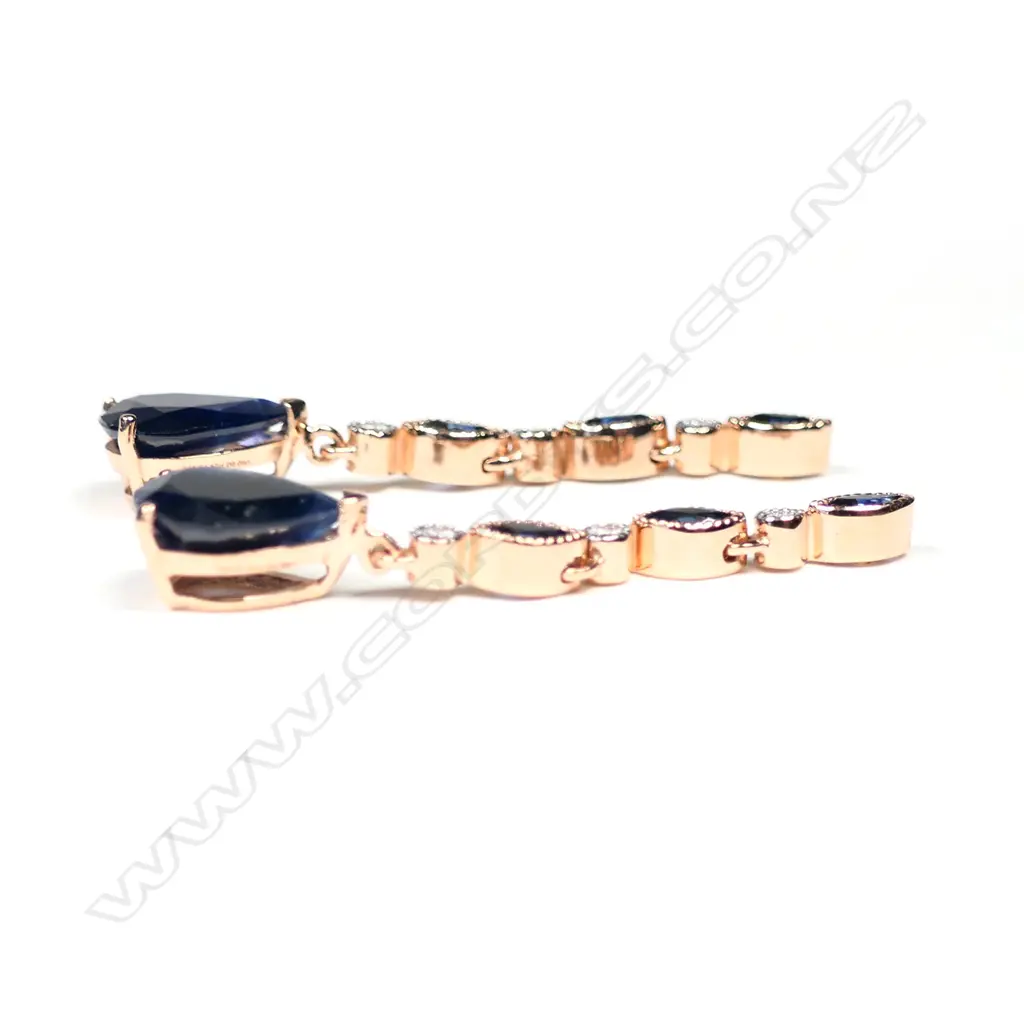 A pair of 14ct rose gold, blue sapphire and diamond drop earrings, Image 1++