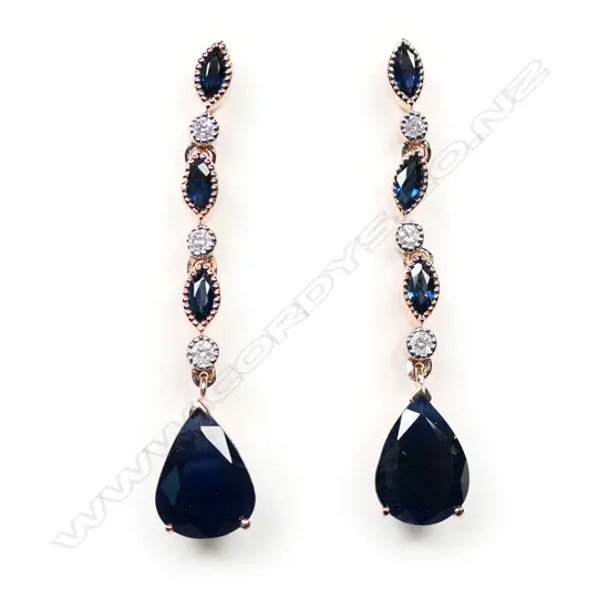 A pair of 14ct rose gold, blue sapphire and diamond drop earrings,