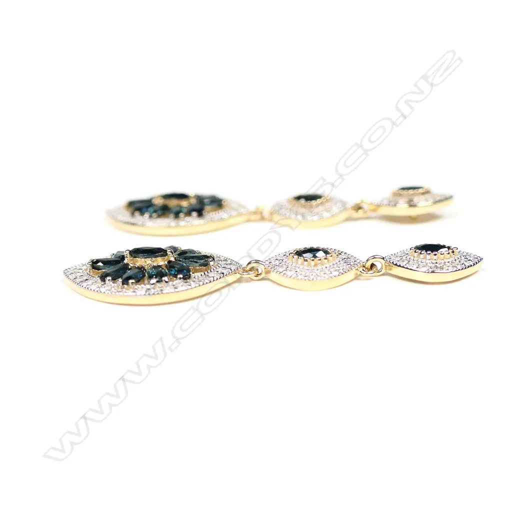 A pair of 14ct gold, blue sapphire and diamond drop earrings, Image 1++