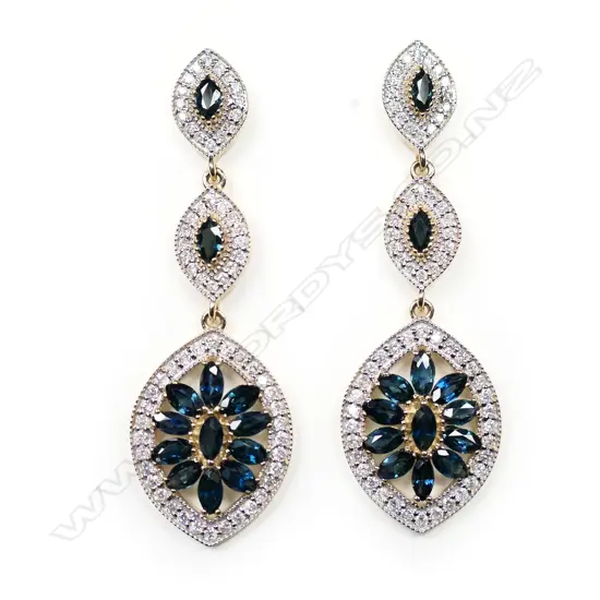 A pair of 14ct gold, blue sapphire and diamond drop earrings,
