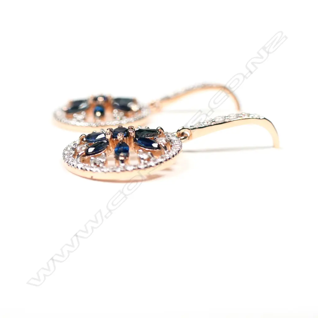 A pair of 14ct rose gold, blue sapphire and diamond drop earrings, Image 1++
