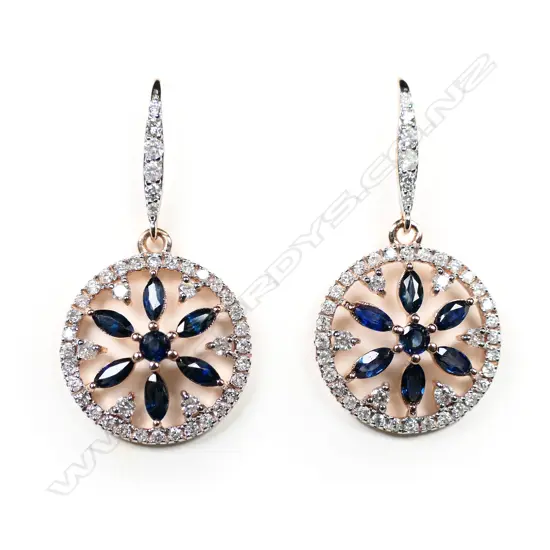A pair of 14ct rose gold, blue sapphire and diamond drop earrings,