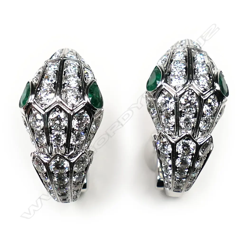 A pair of impressive 18ct white gold, diamond and emerald lizard head designer earrings, Image 1++