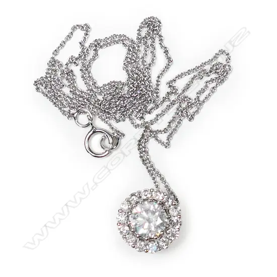 A 14ct white gold and diamond halo pendant necklace,