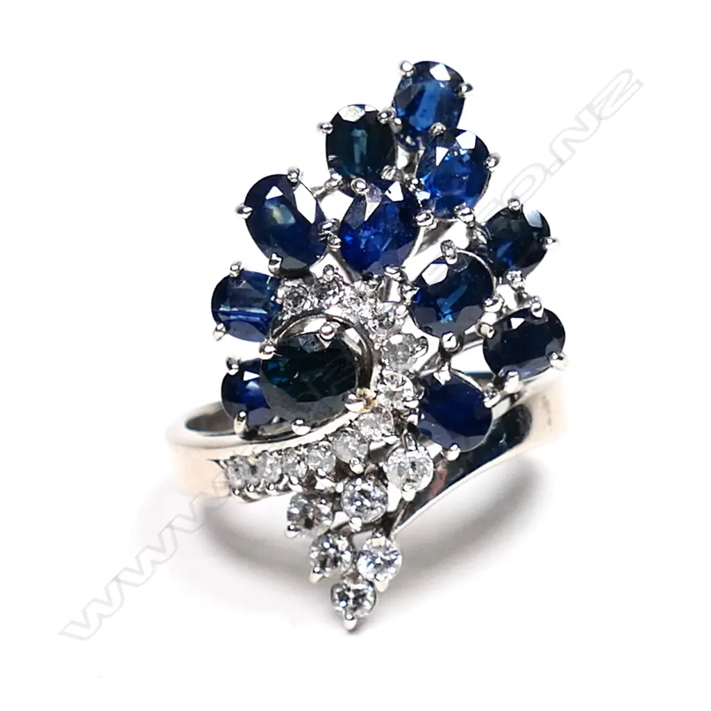 A 14ct white gold sapphire and diamond cocktail ring, Image 1++