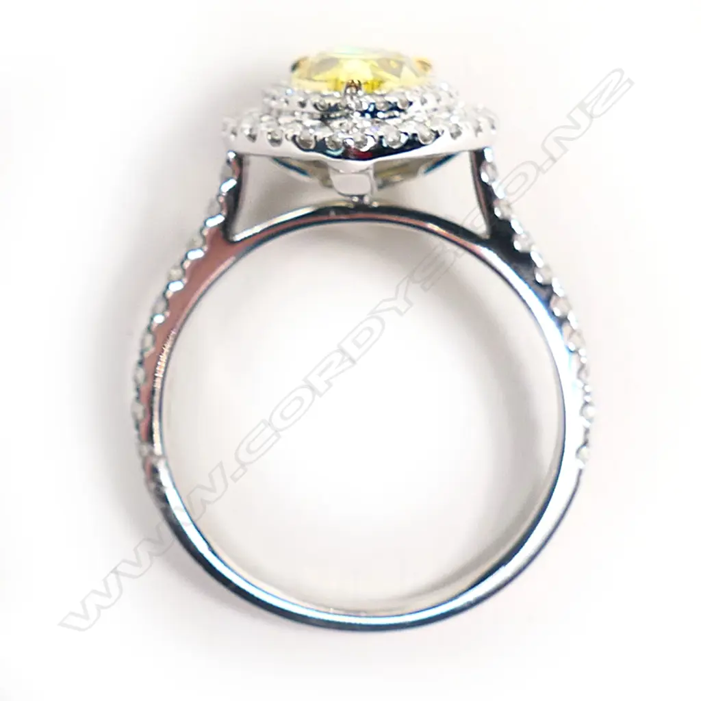 A 14ct white gold, yellow diamond double halo ring, Image 1++