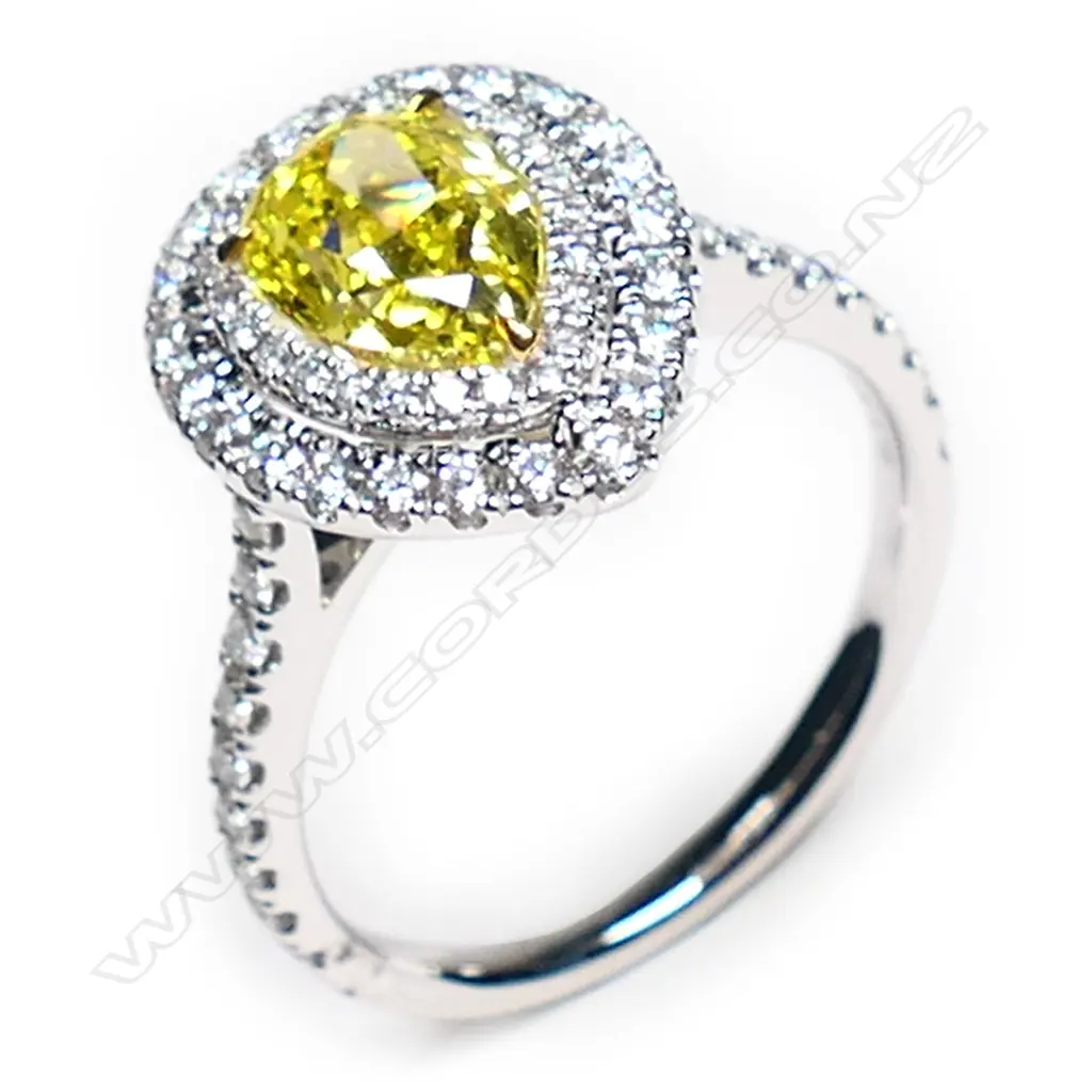 A 14ct white gold, yellow diamond double halo ring, Image 1++