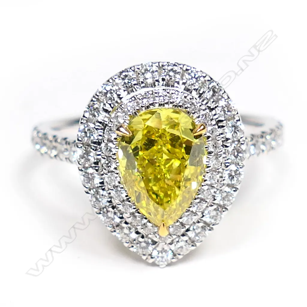 A 14ct white gold, yellow diamond double halo ring, Image 1++