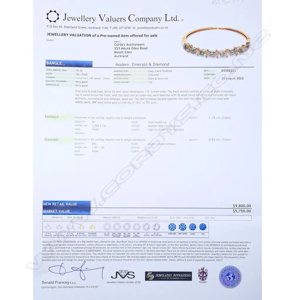 An 18ct gold, diamond and emerald hinged bangle, Image 1++