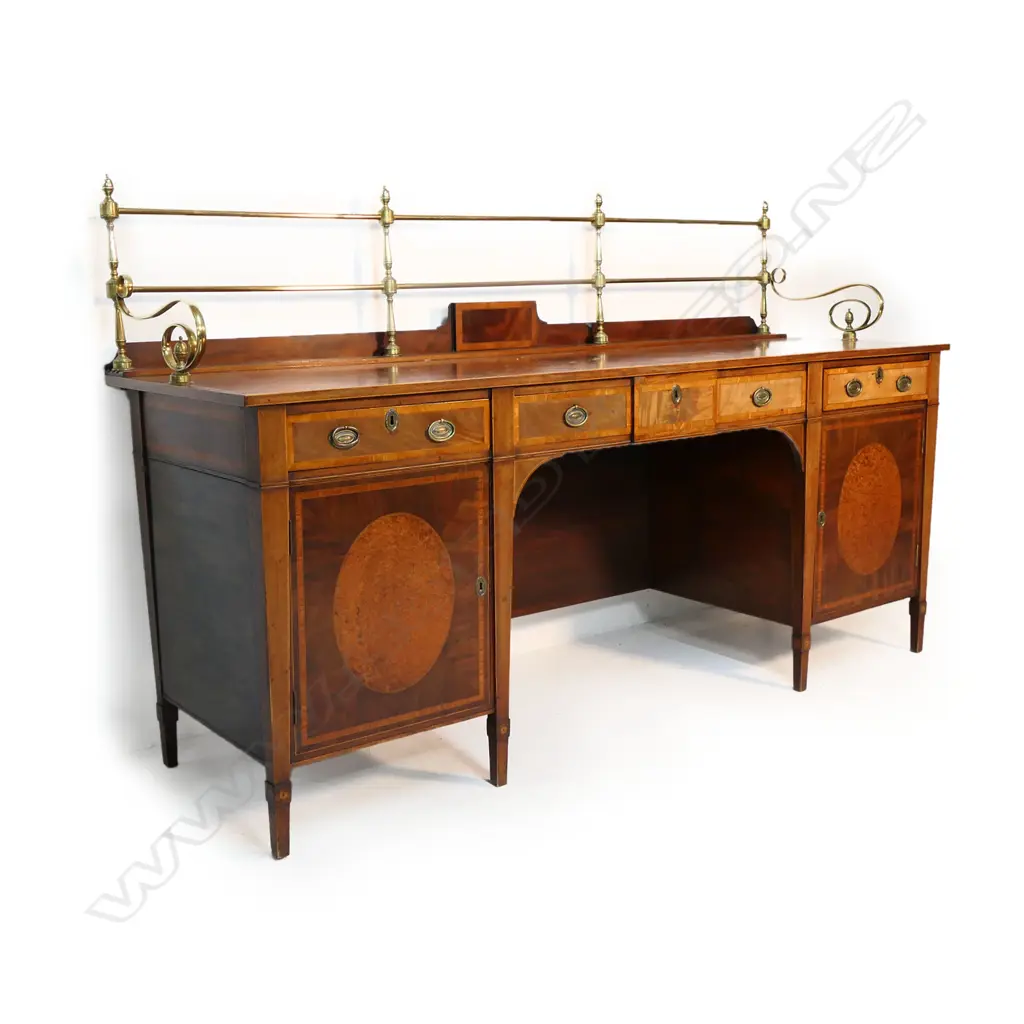 A George III crossbanded mahogany Sheraton sideboard with elegant brass gallery back, Image 1++