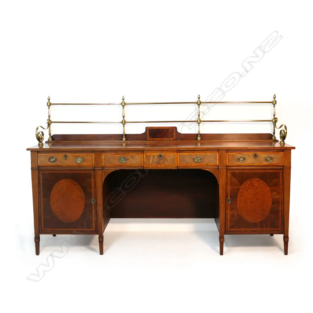 A George III crossbanded mahogany Sheraton sideboard with elegant brass gallery back, Image 1++