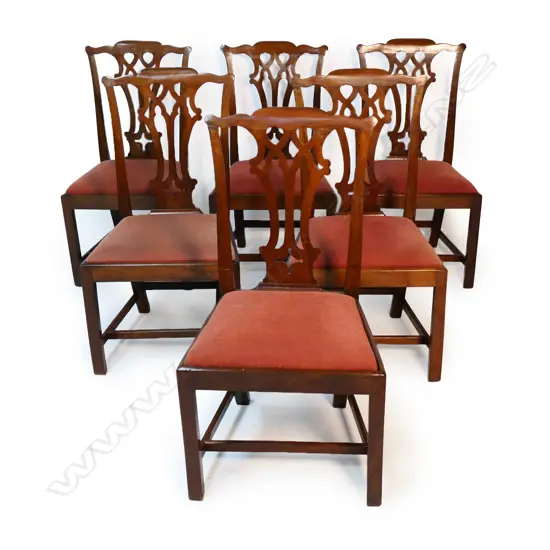 Six George III walnut Chippendale dining chairs,