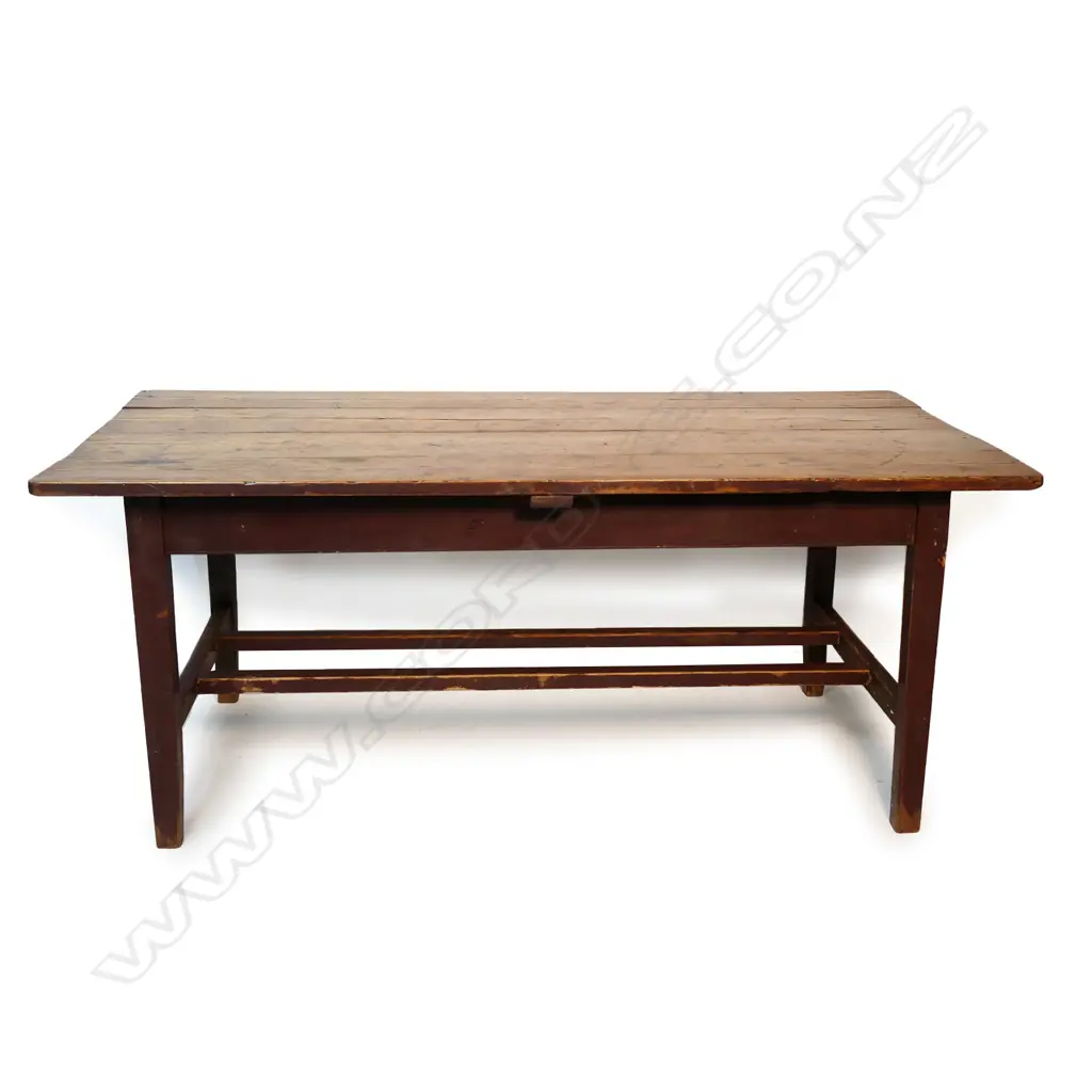 A country pine plank top table, with original ochre painted base, Image 1++