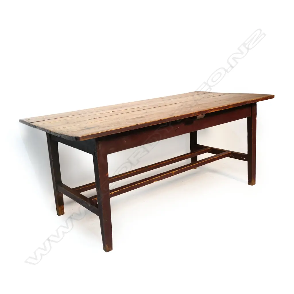 A country pine plank top table, with original ochre painted base, Image 1++