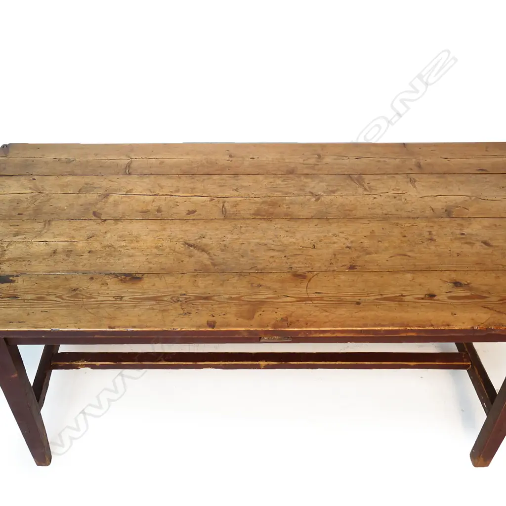 A country pine plank top table, with original ochre painted base, Image 1++