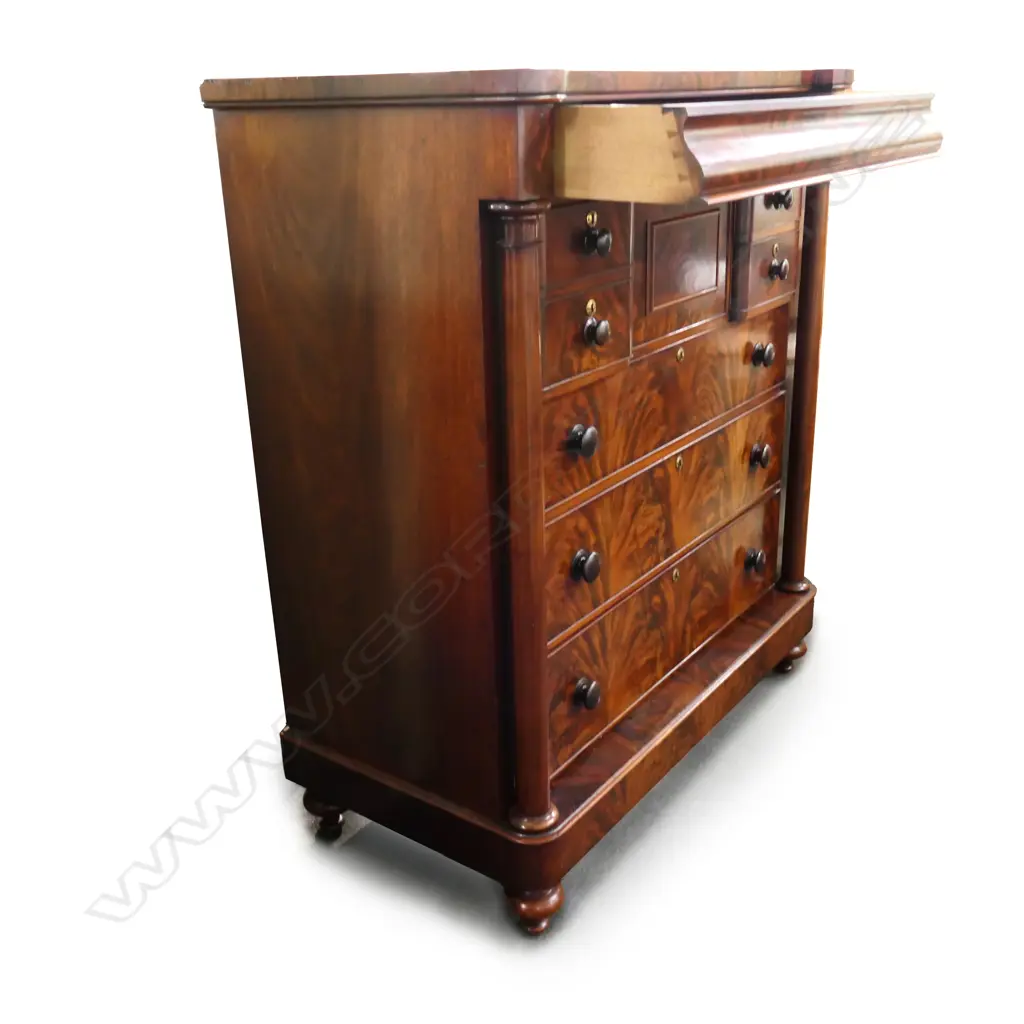 An impressive Victorian flame mahogany scotch chest, Image 1++