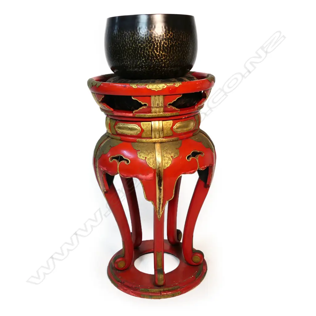 An old Japanese bronze singing bowl on tall red lacquer stand, Image 1++