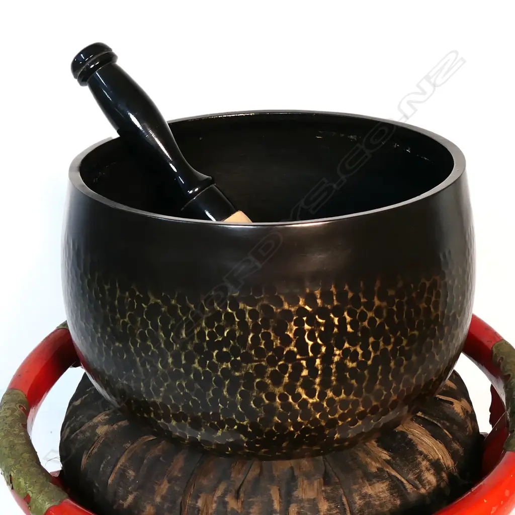 An old Japanese bronze singing bowl on tall red lacquer stand, Image 1++