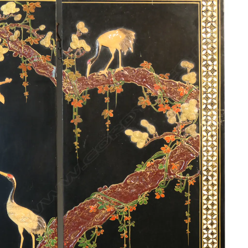 A vintage Chinese export black lacquer four panel screen with carved coloured stone decoration, Image 1++